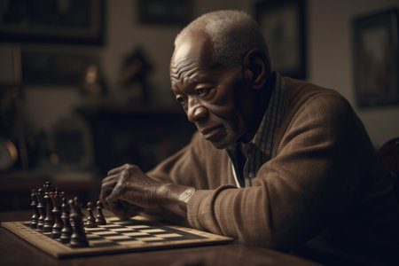 Male African elderly playing chess in living room activity. Generative AI AIG23.の素材