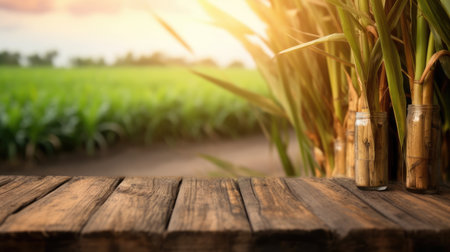 The empty wooden brown table top with blur background of sugarcane plantation. Generative AI image AIG30.の素材