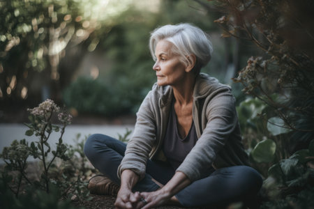Female Caucasian elderly doing yoga exercise garden athletic. Generative AI AIG23.の素材