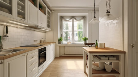 The interior design of a cozy kitchen with a dining table in a small apartment. Generative AI AIG27.の素材