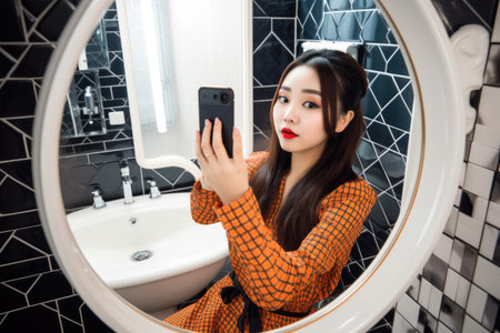 Female Asian teenager taking selfies in bathroom trendy. Generative AI AIG23.の素材