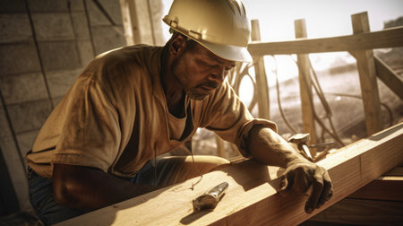 Construction Worker Male African-American Mature Using tools to build a house in Construction site. Generative AI AIG22.の素材
