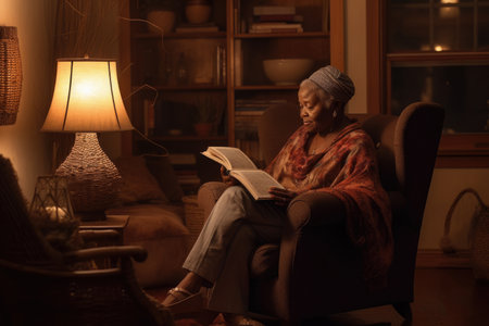 Female African senior reading books in living room casual relaxing. Generative AI AIG23.の素材