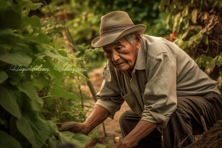 Male Hispanic elderly gardening in backyard plants Earthly. Generative AI AIG23.の素材