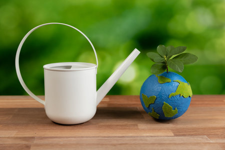 Watering can and paper earth globe with tree, Reforestation idea for sustainable future with healthy environment and neutral carbon. Forest regeneration and ecological recovery concept. Alterの写真素材
