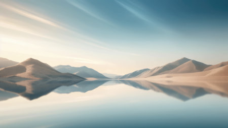 Desert mountain and oasis lake with morning sunrise light and misty environment, panoramic mountainous landscape and clear sky background. Picturesque generative AIの素材