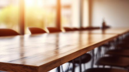 The wooden table top with blur background of classroom. Exuberant image.の写真素材