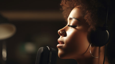 R&B Singer Female African-American Young Adult Recording vocals for upcoming album, singing R&B and soul music in Recording studio. Generative AI AIG22.の素材