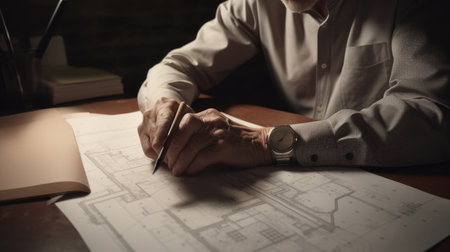Architect Male Caucasian Middle-aged Drawing blueprint. Generative AI AIG22.の素材