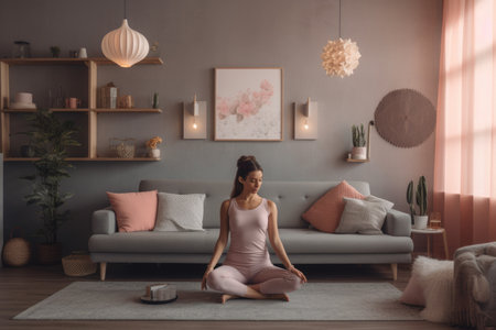 Female Middle Eastern adult doing yoga exercise in living room. Generative AI AIG23.の素材