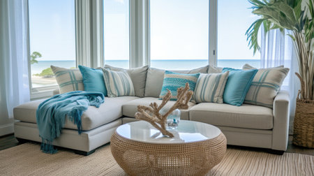 Living room decor, home interior design . Coastal Modern style with Ocean view decorated with Rattan and Metal material . Generative AI AIG26.の素材