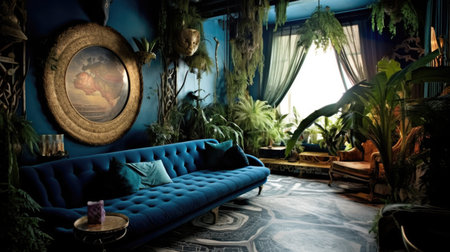 Interior design of living room with luxurious, lush, and mystical style. Generative AI AIG27.の素材
