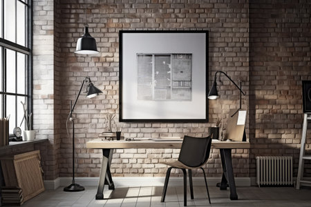 Empty poster mockup large poster on the brick wall in an industrial loft office interior. Generative AI AIG18.の素材