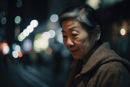 a senior chinese japanese woman trendy clothes using mobile phone with background of urban city street at night Generative AI AIG18.の素材