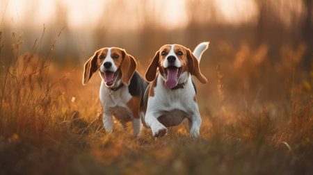 Two beagle dogs frolicking in a grassy field during day sunny. Generative AI AIG18.の素材