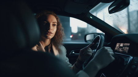 CEO Female Caucasian Young Adult Conducting a video call with a remote team from a parked car. Generative AI AIG22.の素材