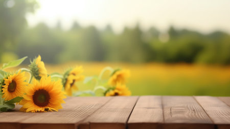 The empty wooden table top with blur background of sunflower field. Generative AI image AIG30.の素材