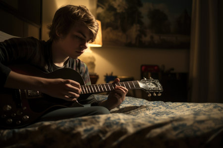 Male Caucasian teenager playing guitar in bedroom activity music. Generative AI AIG23.の素材