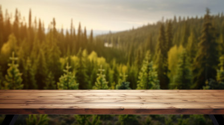 The empty wooden brown table top with blur background of Finland nature. Exuberant image.の写真素材