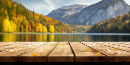 The empty wooden table top with blur background of lake and mountain in autumn. Exuberant image.