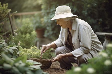 Female Caucasian elderly gardening in backyard plants Earthly. Generative AI AIG23.の素材