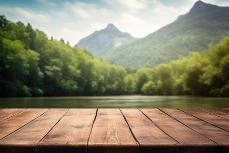 The empty wooden brown table top with blur background of river and mountain. Exuberant image.の写真素材