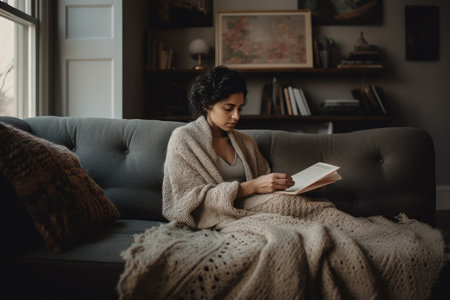 Female Middle Eastern 30s reading books in living room couch casual relaxing. Generative AI AIG23.の素材