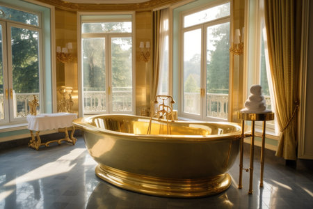 A luxurious golden bathtub in the light-colored gorgeous bathroom. Generative AI AIG27.の素材