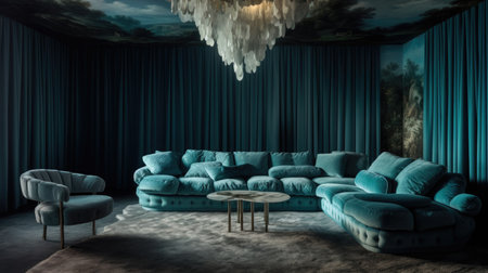 The interior design of vintage aqua blue living room with long curtain, cotton velvet vintage sofa, and silk rug. Generative AI AIG27.の素材