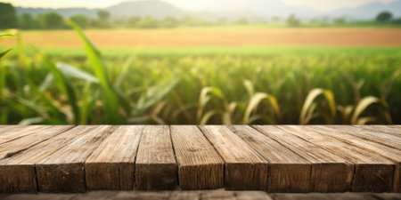 The empty wooden brown table top with blur background of sugarcane plantation. Exuberant image.の写真素材