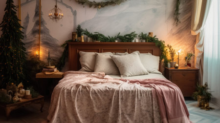 Interior design of a cozy bedroom with wooden furniture in a Christmas theme. Generative AI AIG27.の素材