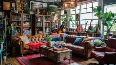 Living room decor, home interior design . Bohemian Industrial style with Gallery Wall decorated with Wood and Metal material . Generative AI AIG26.の素材