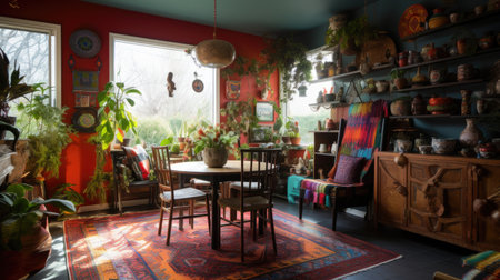 Interior design inspiration of Bohemian Eclectic style home dining room loveliness decorated with Textiles and Plants material and Statement rug .Generative AI home interior design .の素材