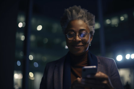 a senior african-american businesswoman executive using mobile phone with background of modern office buildings at night Generative AI AIG18.の素材