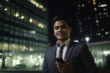Wide angle shot of a young mexican hispanic businessman executive using mobile phone with background of modern office buildings at night. Generative AI AIG18.の素材