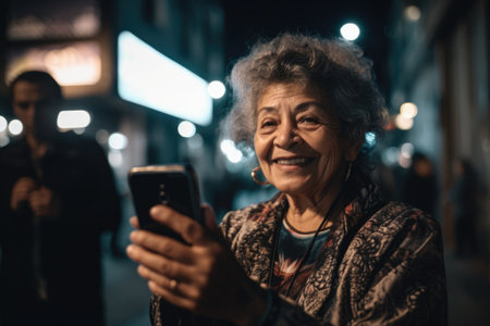 Wide angle shot of a senior mexican hispanic woman trendy clothes using mobile phone with background of urban city street at night. Generative AI AIG18.の素材