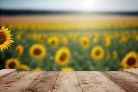 Focus empty wood table with blurred sunflower tree background. Concept of blank space for advertising product. Finest generative AI.の素材