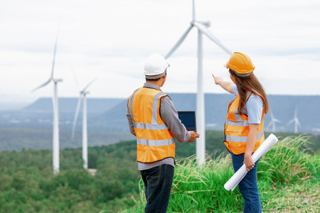 Male and female engineers working on a wind farm atop a hill or mountain in the rural. Progressive...