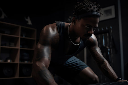 Male African adult working out at home gym athletic exercise. Generative AI AIG23.の素材