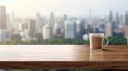 The wooden table top with blur background of modern office interior with cityscape in the morning. Generative AI image AIG30.の素材