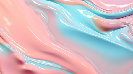 The close up of a glossy liquid surface abstract in blush pink, powder blue, and mint green colors...