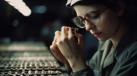 Assembly Line Worker Female Caucasian Young Adult Assembling components on a production line, manufacturing industrial goods in Assembly line. Generative AI AIG22.の素材
