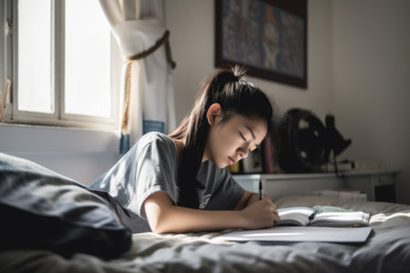 Female Asian teenager doing homework in bedroom studying smart. Generative AI AIG23.の素材