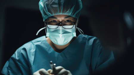 Surgeon Female Asian Middle-aged Performing surgery in operating room in Hospital. Generative AI AIG22.の素材