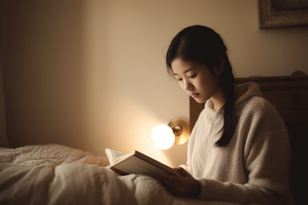 Female Asian teenager reading books in bedroom casual relaxing. Generative AI AIG23.の素材