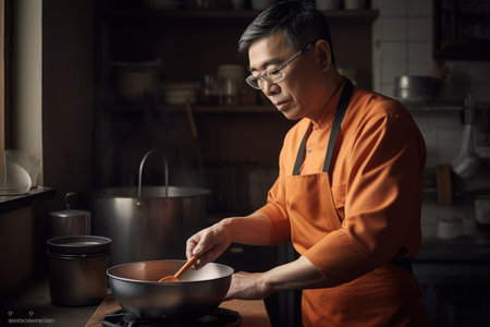 Male Asian middle aged cooking in kitchen apron chef attire. Generative AI AIG23.の素材