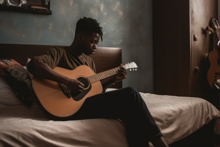 Male African teenager playing guitar in bedroom activity music. Generative AI AIG23.の素材