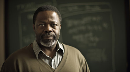 Teacher Male African-American Middle-aged Standing in front of a classroom with a chalkboard in Indoor classroom. Generative AI AIG22.の素材