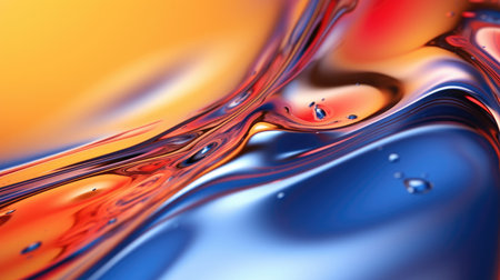 The close up of a glossy liquid surface abstract in red, yellow, and blue colors with a soft focus. 3D illustration of exuberant.の写真素材