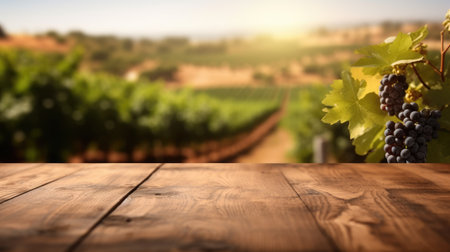 The empty wooden table top with blur background of vineyard. Generative AI image AIG30.の素材